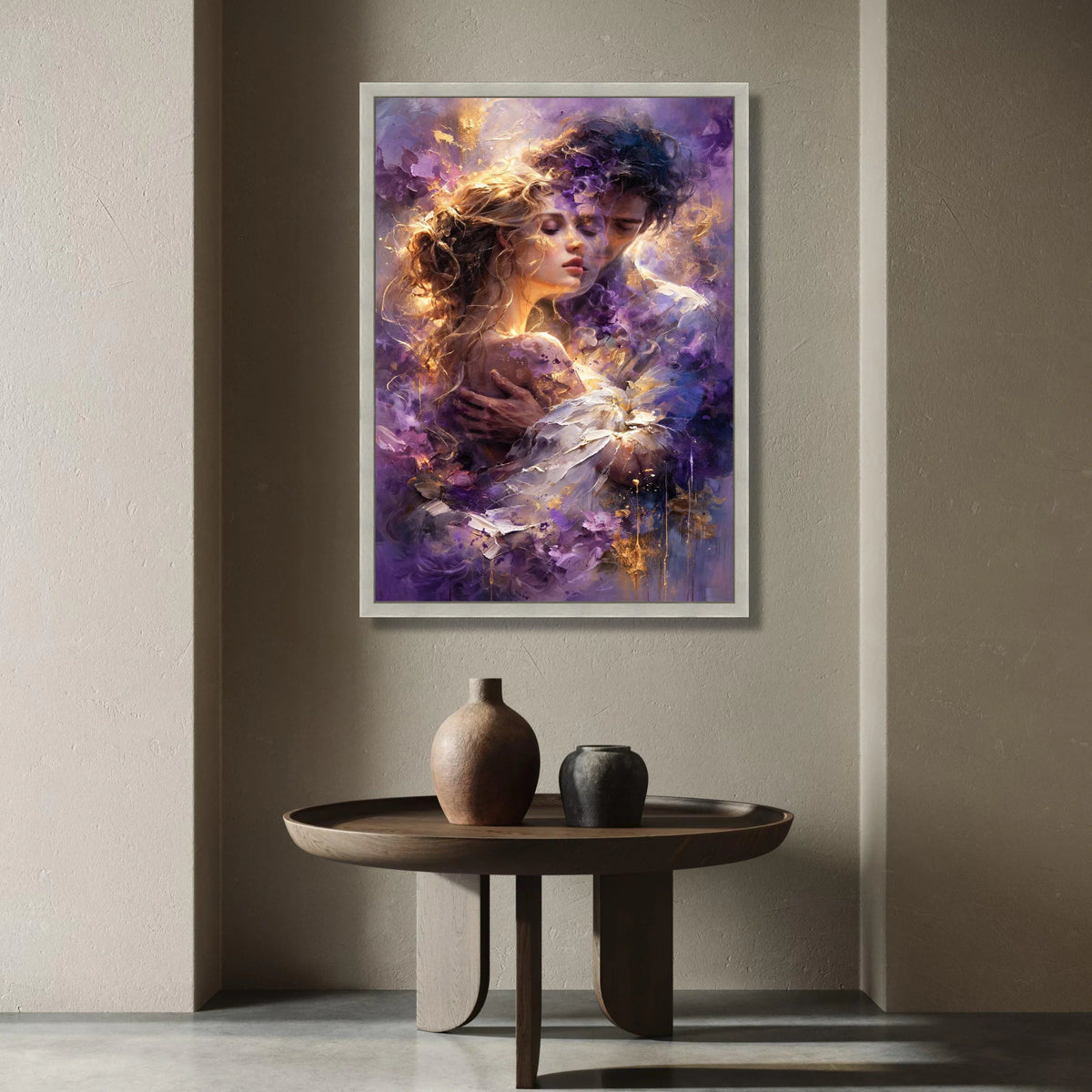 Romantic Embrace Canvas, Couple Portrait Wall Art, Purple Abstract Background, Emotional Love Scene Canvas, Intimate Home Canvas Print Art