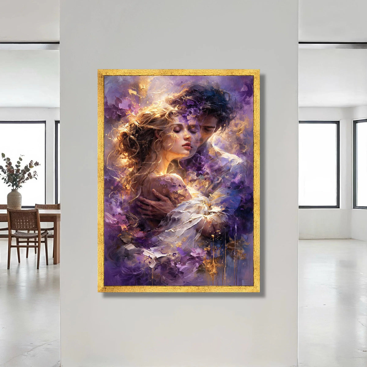 Romantic Embrace Canvas, Couple Portrait Wall Art, Purple Abstract Background, Emotional Love Scene Canvas, Intimate Home Canvas Print Art