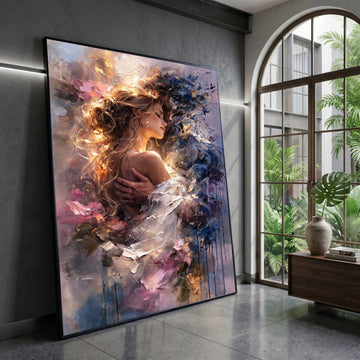 Romantic Embrace Canvas Wall Art, Woman and Man Portrait, Abstract Couple Painting, Intimate Love Scene Canvas, Modern Home Canvas Print Art