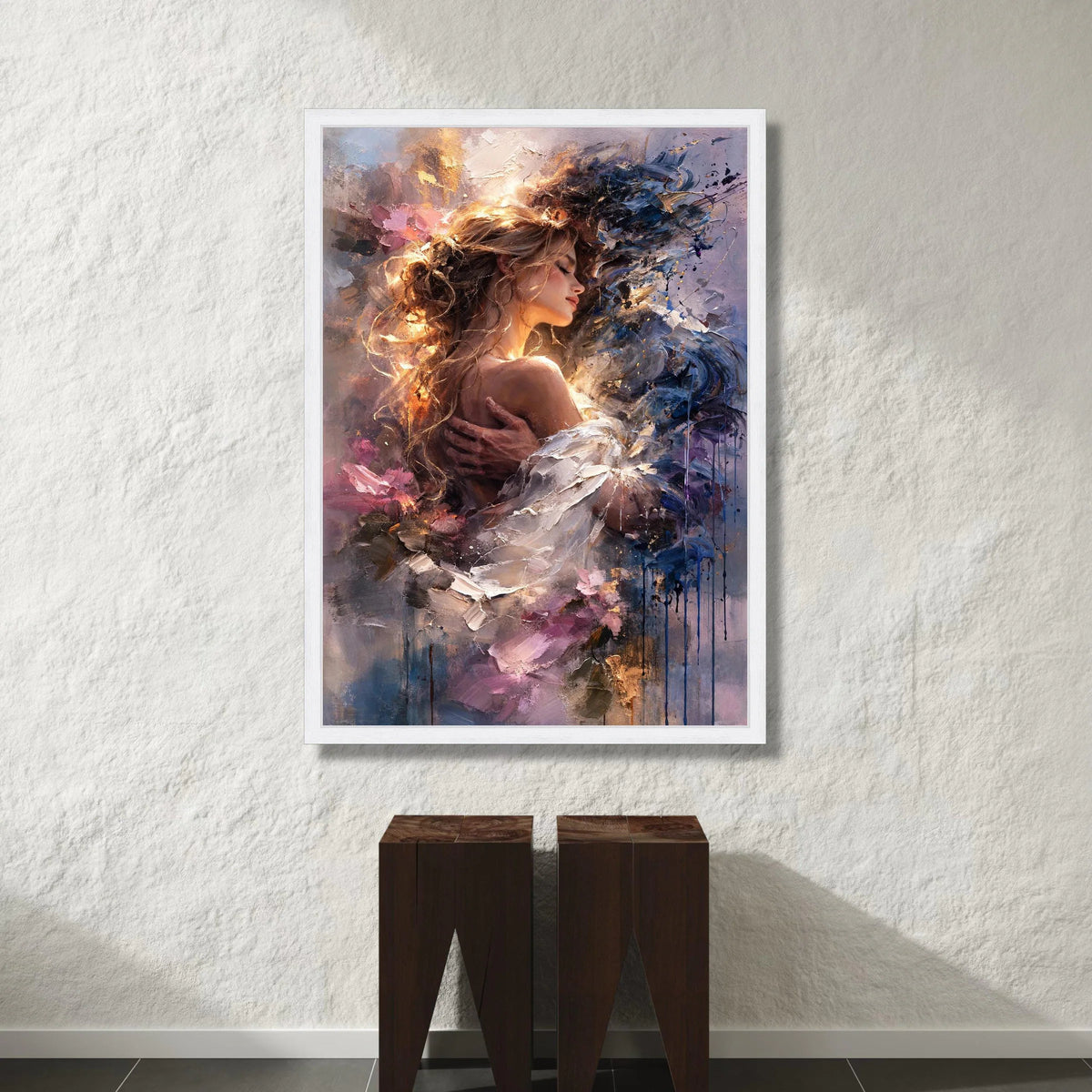 Romantic Embrace Canvas Wall Art, Woman and Man Portrait, Abstract Couple Painting, Intimate Love Scene Canvas, Modern Home Canvas Print Art
