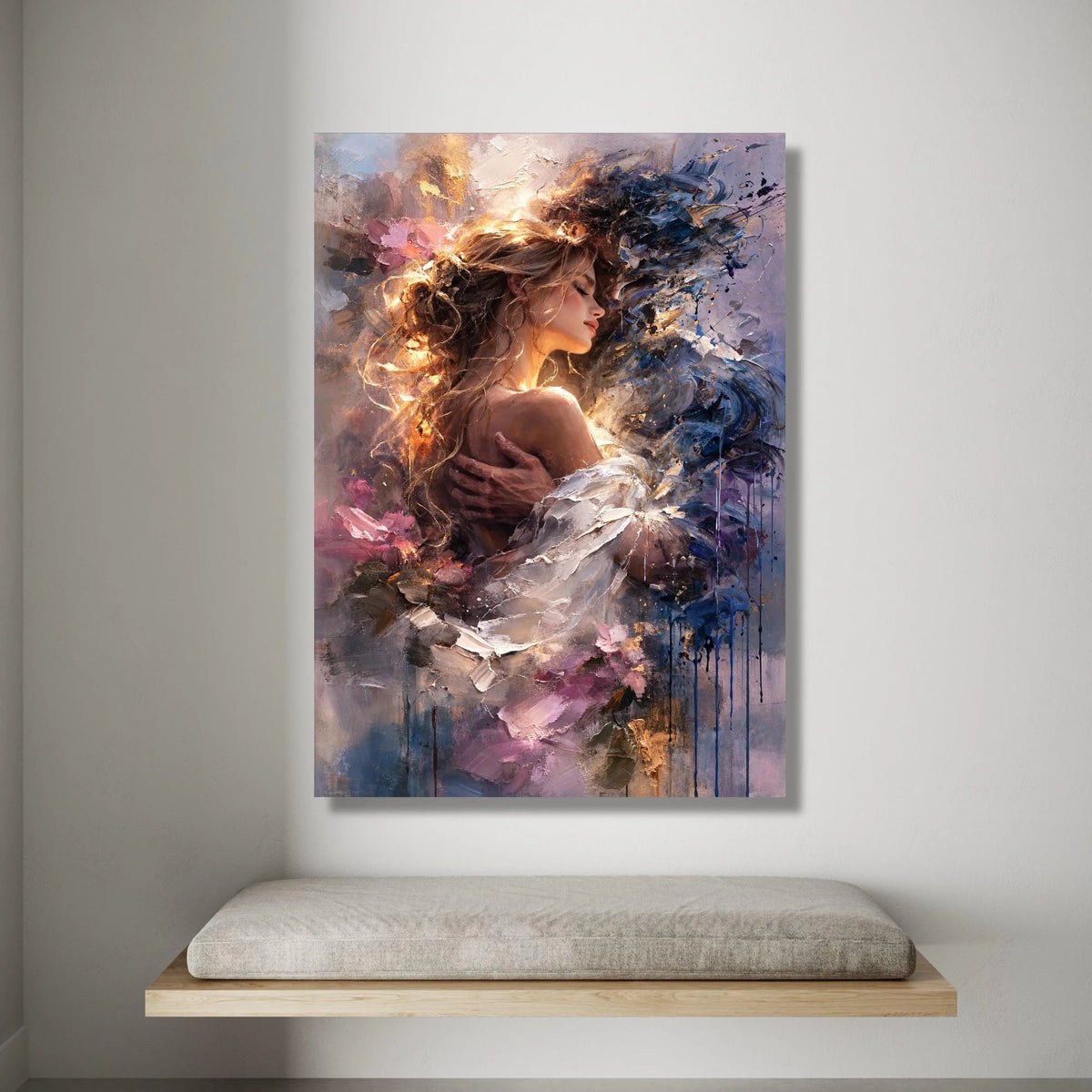 Romantic Embrace Canvas Wall Art, Woman and Man Portrait, Abstract Couple Painting, Intimate Love Scene Canvas, Modern Home Canvas Print Art