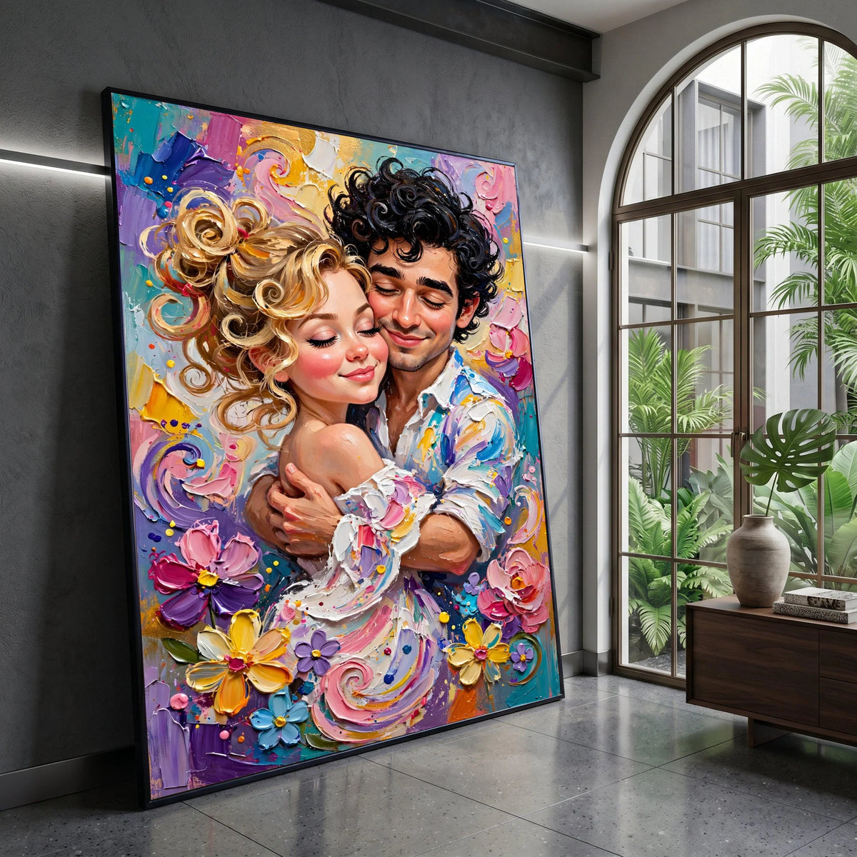 Romantic Embrace Couple Canvas, Colorful Floral Wall Art, Loving Portrait Canvas, Vibrant Home Decoration, Joyful Canvas Print Art