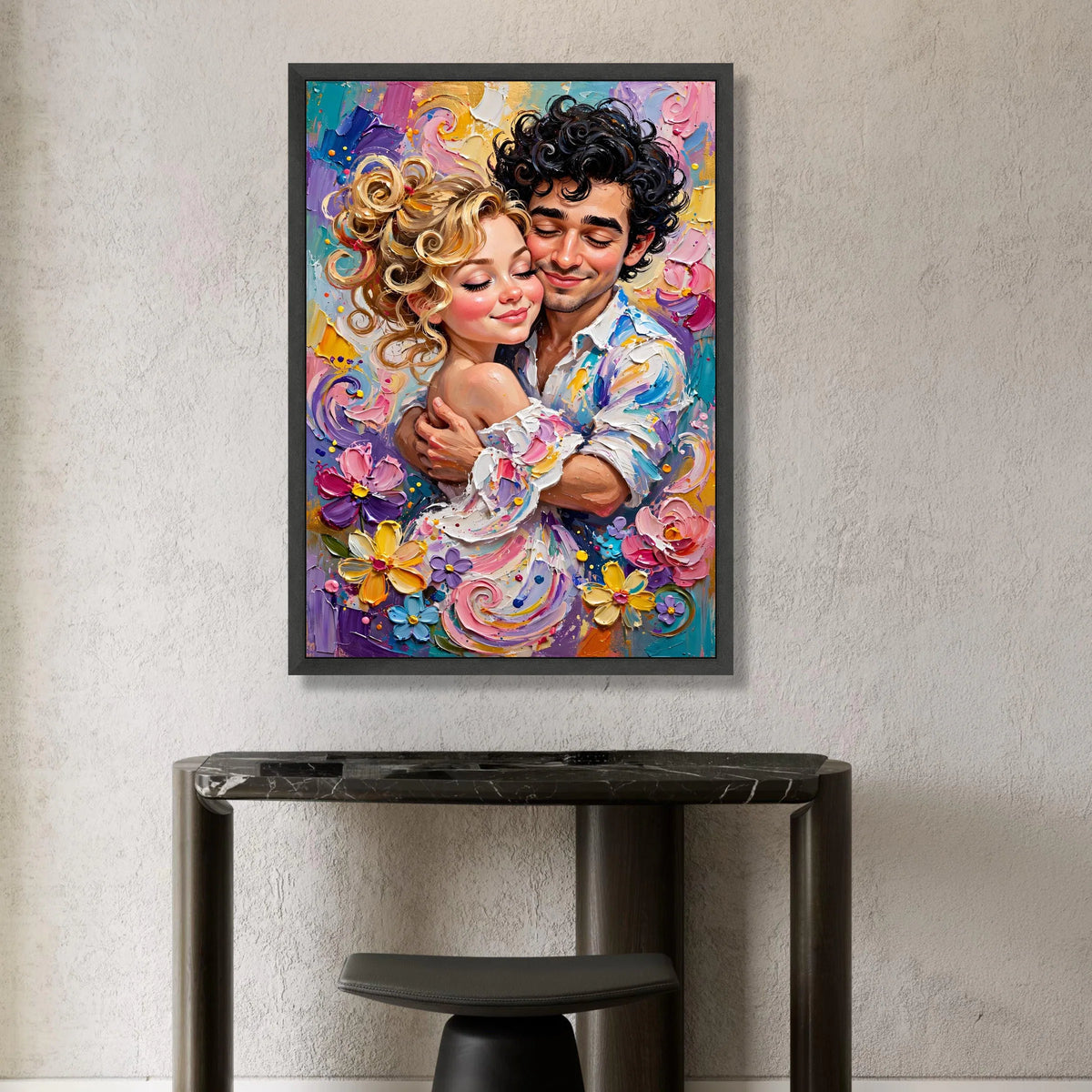 Romantic Embrace Couple Canvas, Colorful Floral Wall Art, Loving Portrait Canvas, Vibrant Home Decoration, Joyful Canvas Print Art