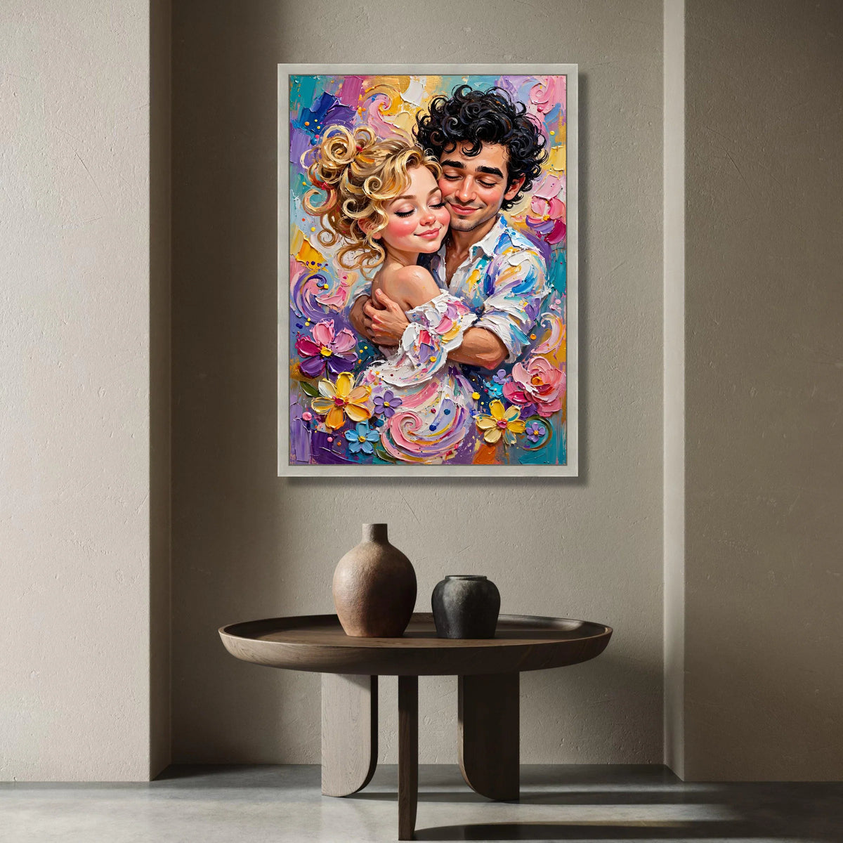 Romantic Embrace Couple Canvas, Colorful Floral Wall Art, Loving Portrait Canvas, Vibrant Home Decoration, Joyful Canvas Print Art