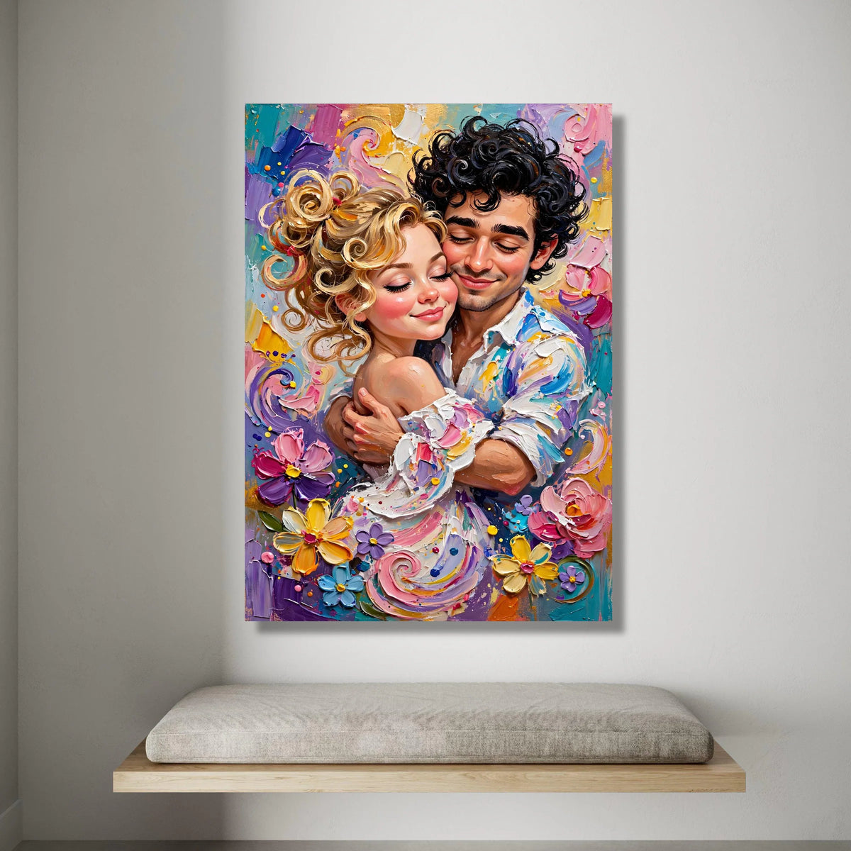Romantic Embrace Couple Canvas, Colorful Floral Wall Art, Loving Portrait Canvas, Vibrant Home Decoration, Joyful Canvas Print Art