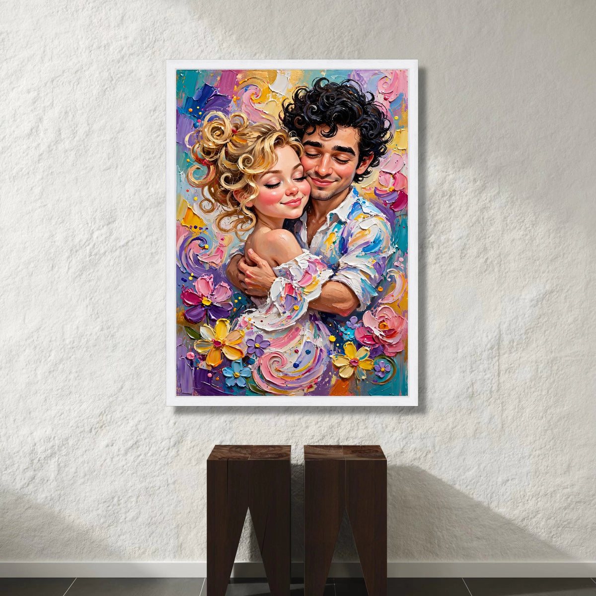 Romantic Embrace Couple Canvas, Colorful Floral Wall Art, Loving Portrait Canvas, Vibrant Home Decoration, Joyful Canvas Print Art