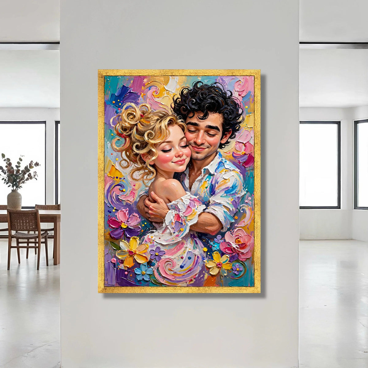 Romantic Embrace Couple Canvas, Colorful Floral Wall Art, Loving Portrait Canvas, Vibrant Home Decoration, Joyful Canvas Print Art