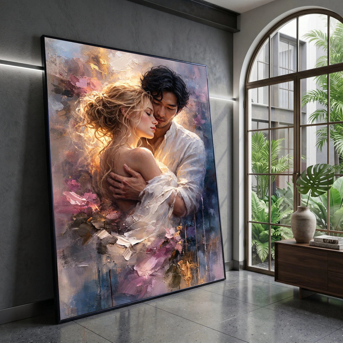 Romantic Embrace Canvas Wall Art, Couple Soft Light, Sensual Love Painting, Sentimental Home Decoration, Intimate Canvas Print Art