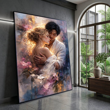 Romantic Embrace Canvas Wall Art, Couple Soft Light, Sensual Love Painting, Sentimental Home Decoration, Intimate Canvas Print Art