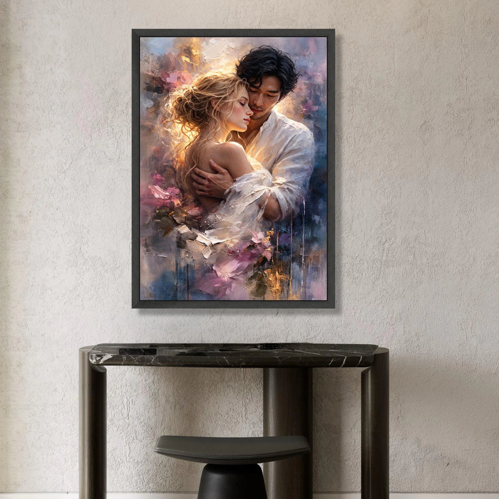 Romantic Embrace Canvas Wall Art, Couple Soft Light, Sensual Love Painting, Sentimental Home Decoration, Intimate Canvas Print Art