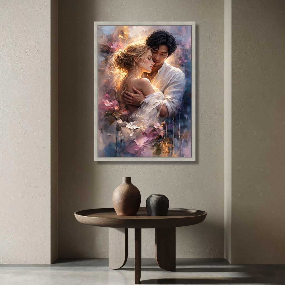 Romantic Embrace Canvas Wall Art, Couple Soft Light, Sensual Love Painting, Sentimental Home Decoration, Intimate Canvas Print Art