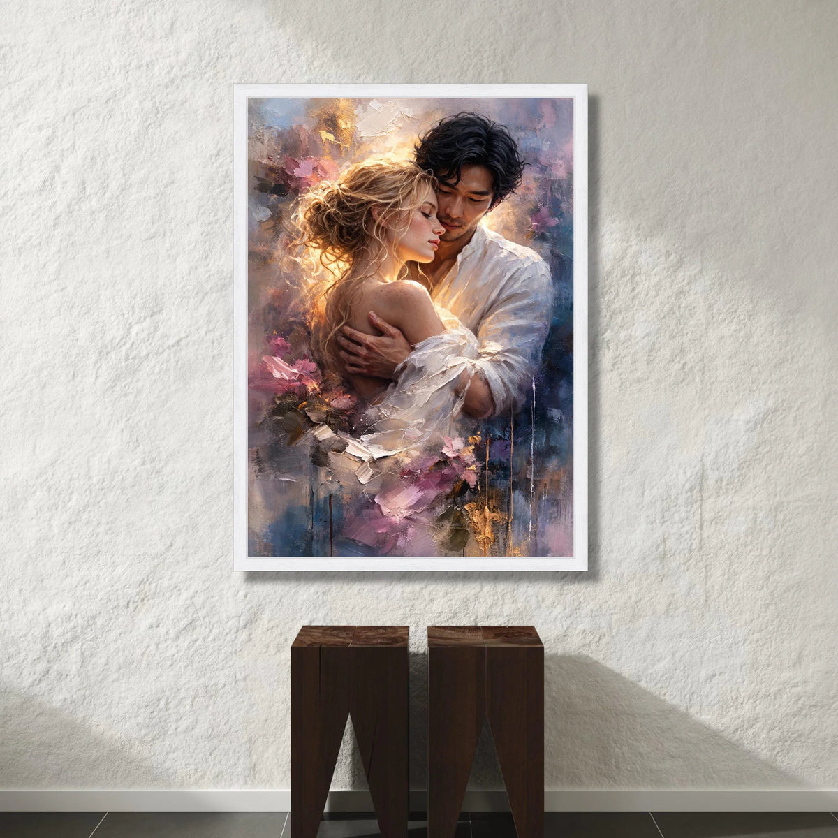 Romantic Embrace Canvas Wall Art, Couple Soft Light, Sensual Love Painting, Sentimental Home Decoration, Intimate Canvas Print Art
