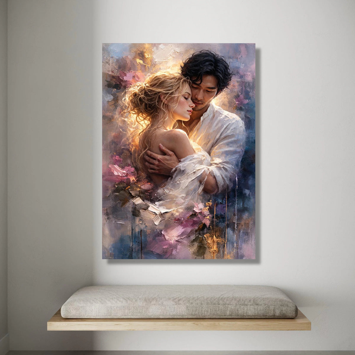 Romantic Embrace Canvas Wall Art, Couple Soft Light, Sensual Love Painting, Sentimental Home Decoration, Intimate Canvas Print Art