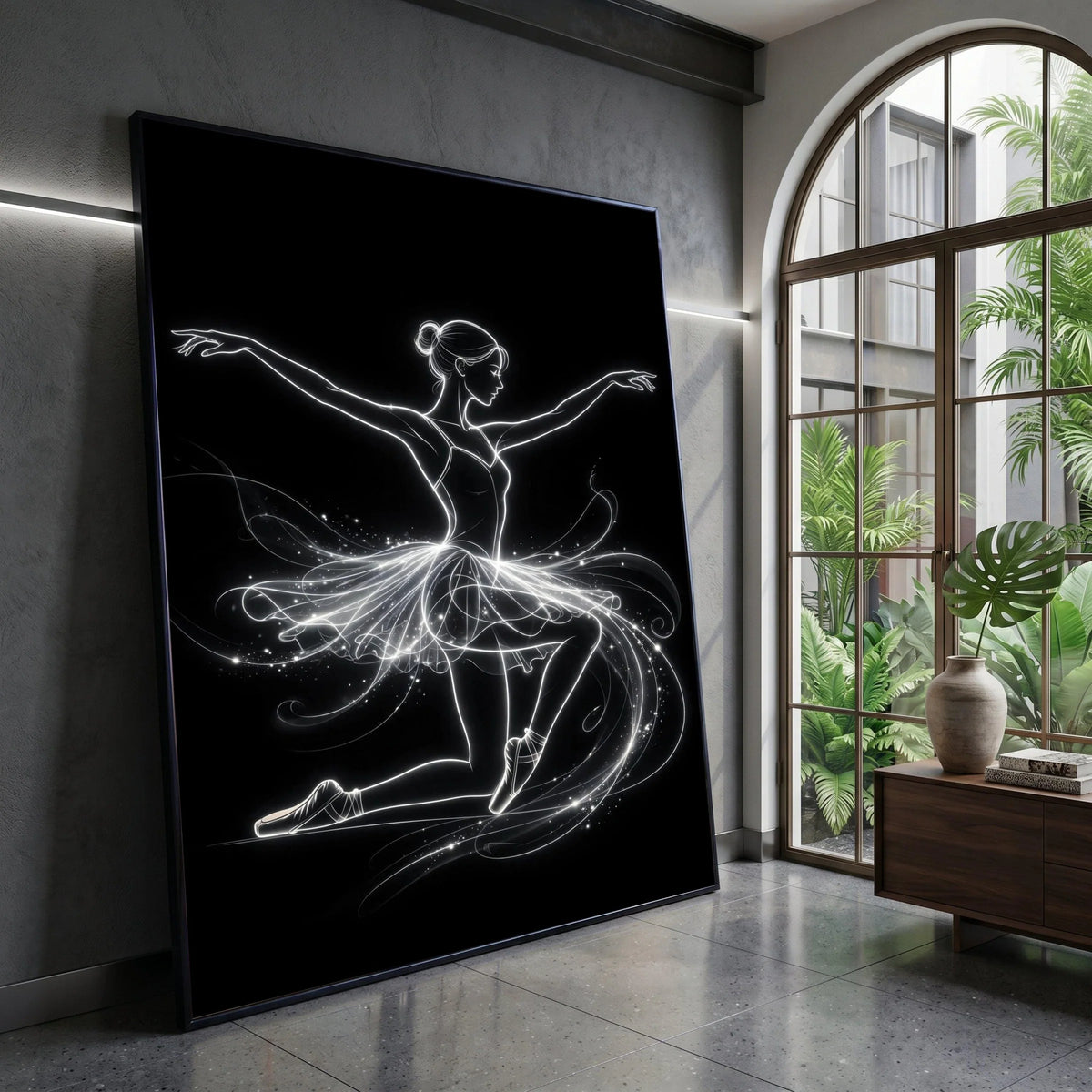 Elegant Ballerina Silhouette Canvas, Light Line Dance Art, Ballet Dancer Wall Decor, Ethereal Movement Canvas, Modern Dance Canvas Print Art
