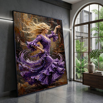Elegant Flamenco Dancer Canvas Wall Art, Purple Dress Dance Painting, Dynamic Movement Artwork, Home Decor Accent, Artistic Canvas Print Art