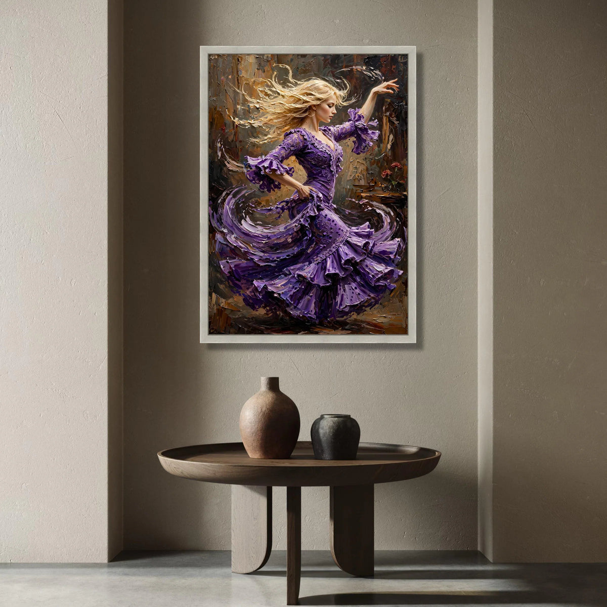 Elegant Flamenco Dancer Canvas Wall Art, Purple Dress Dance Painting, Dynamic Movement Artwork, Home Decor Accent, Artistic Canvas Print Art