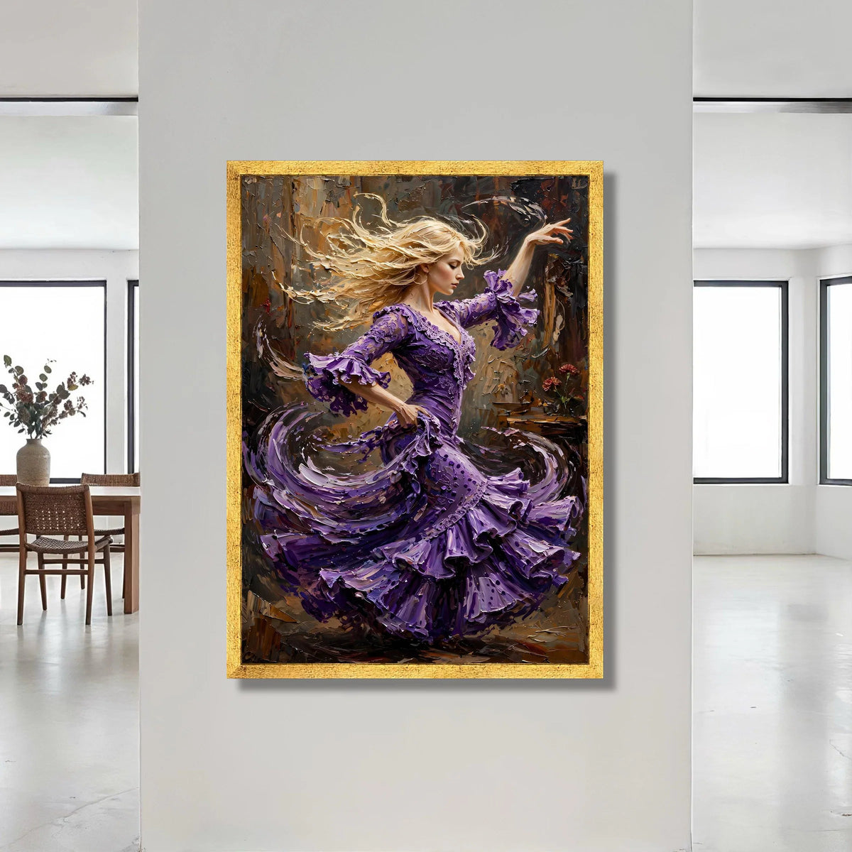 Elegant Flamenco Dancer Canvas Wall Art, Purple Dress Dance Painting, Dynamic Movement Artwork, Home Decor Accent, Artistic Canvas Print Art
