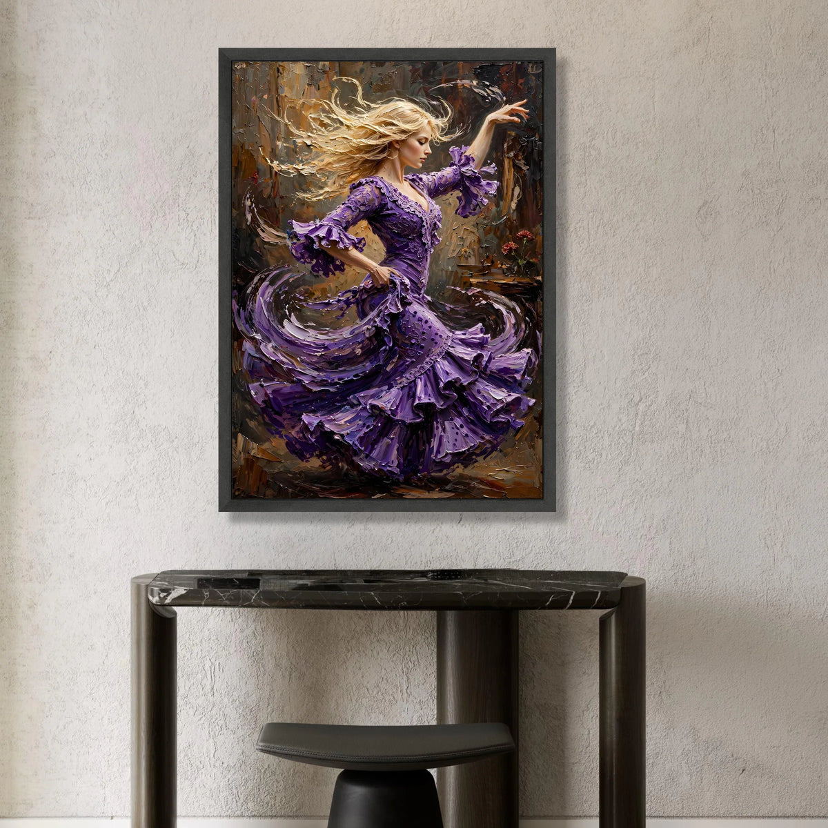 Elegant Flamenco Dancer Canvas Wall Art, Purple Dress Dance Painting, Dynamic Movement Artwork, Home Decor Accent, Artistic Canvas Print Art