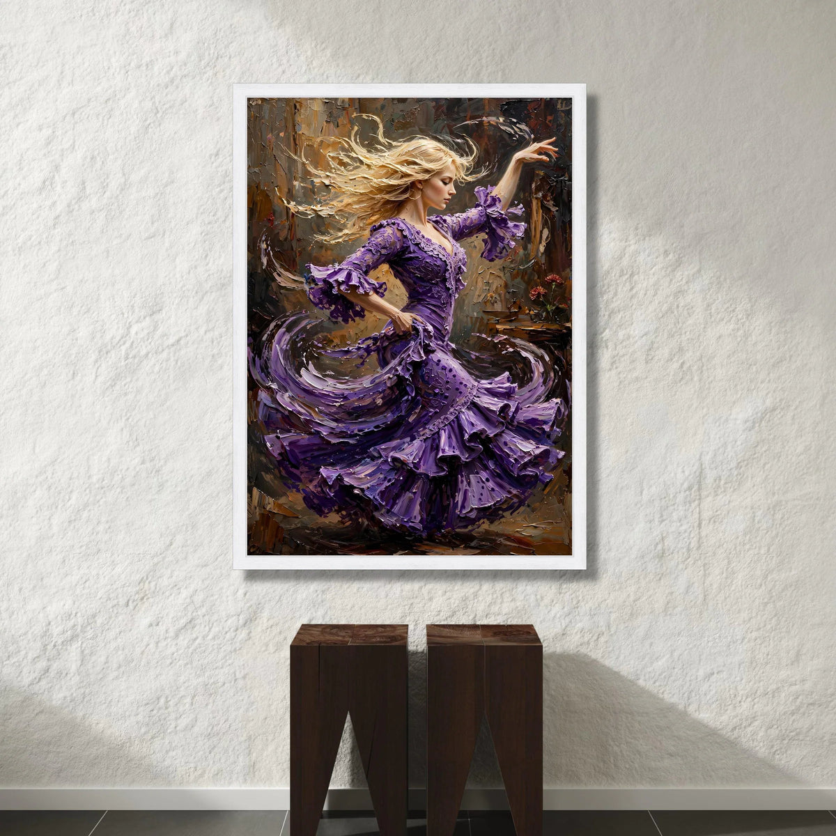 Elegant Flamenco Dancer Canvas Wall Art, Purple Dress Dance Painting, Dynamic Movement Artwork, Home Decor Accent, Artistic Canvas Print Art