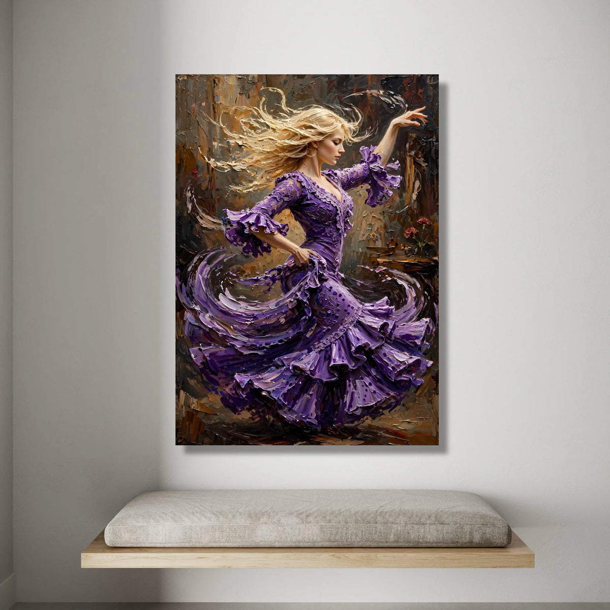 Elegant Flamenco Dancer Canvas Wall Art, Purple Dress Dance Painting, Dynamic Movement Artwork, Home Decor Accent, Artistic Canvas Print Art