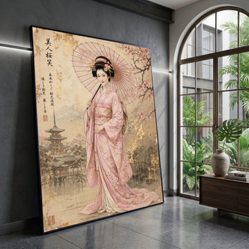 Elegant Japanese Geisha with Cherry Blossoms Canvas, Traditional Kimono Wall Art, Asian Culture Decor, Vintage Style Home Canvas Print Art