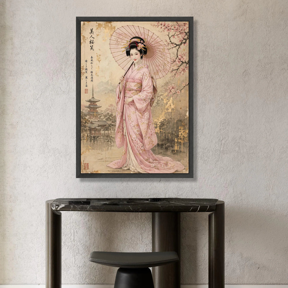 Elegant Japanese Geisha with Cherry Blossoms Canvas, Traditional Kimono Wall Art, Asian Culture Decor, Vintage Style Home Canvas Print Art