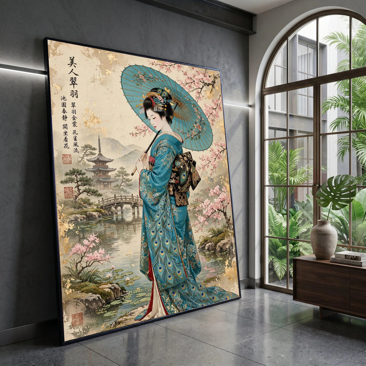 Elegant Japanese Geisha Canvas Wall Art, Traditional Kimono with Peacock Design, Cherry Blossom and Pagoda Landscape, Asian Canvas Print Art