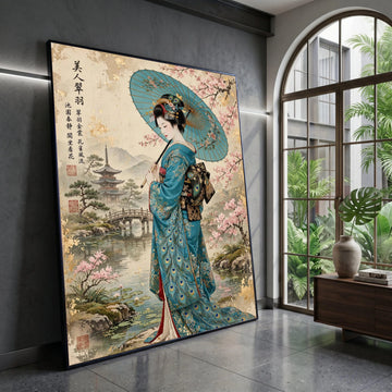 Elegant Japanese Geisha Canvas Wall Art, Traditional Kimono with Peacock Design, Cherry Blossom and Pagoda Landscape, Asian Canvas Print Art