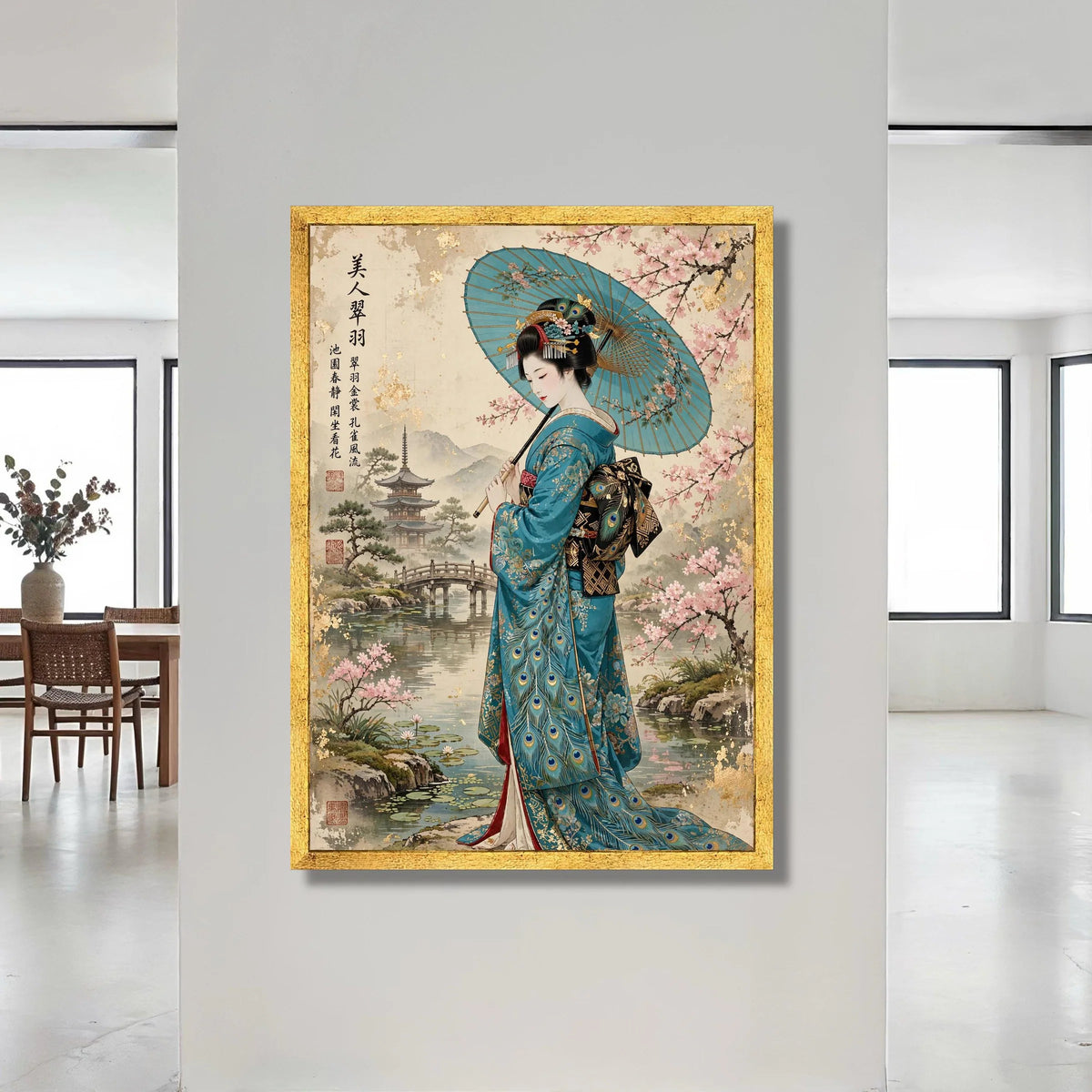 Elegant Japanese Geisha Canvas Wall Art, Traditional Kimono with Peacock Design, Cherry Blossom and Pagoda Landscape, Asian Canvas Print Art