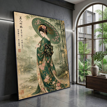 Elegant Japanese Geisha with Floral Kimono and Cherry Blossom Umbrella, Asian Bamboo Forest Canvas Wall Art, Traditional Canvas Print Art