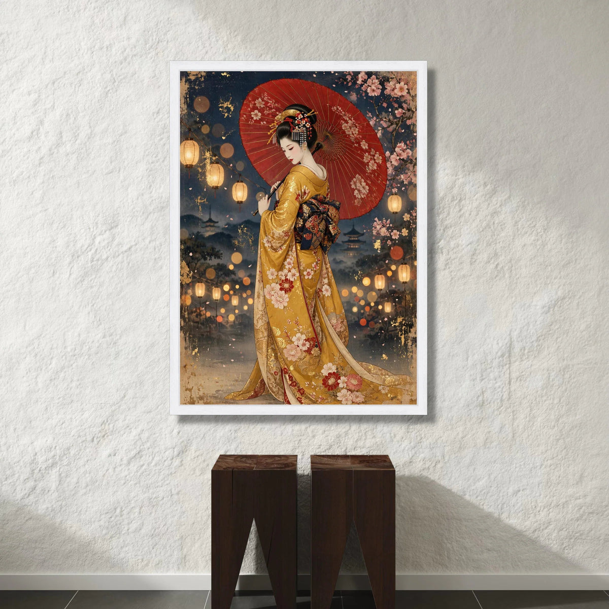 Elegant Geisha with Red Umbrella Canvas, Traditional Japanese Kimono Art, Cherry Blossom Lantern Night Scene, Asian Culture Canvas Print Art