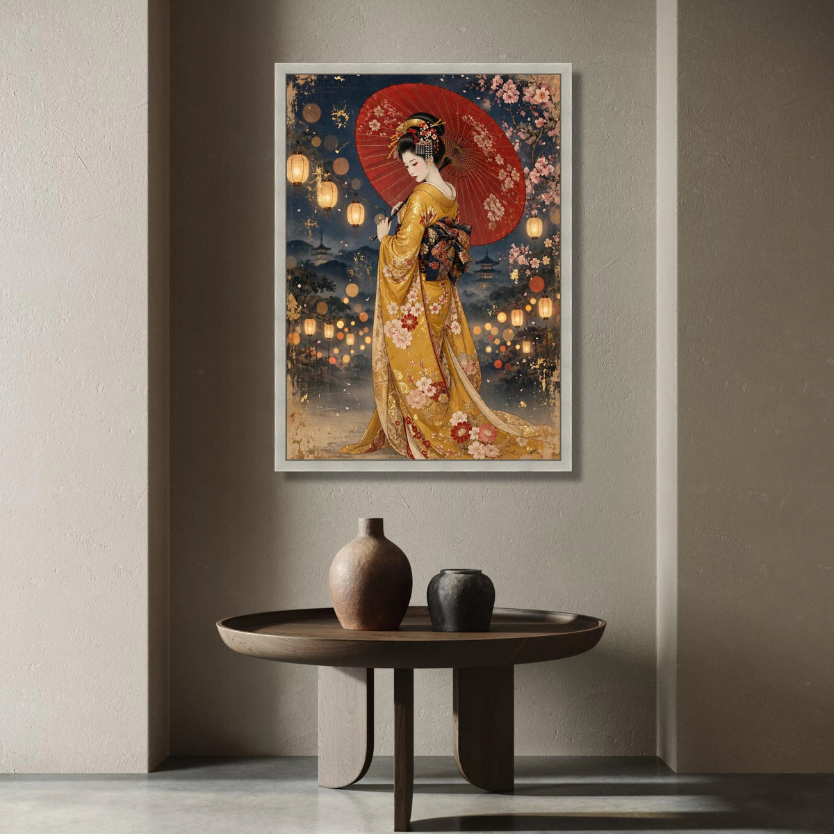 Elegant Geisha with Red Umbrella Canvas, Traditional Japanese Kimono Art, Cherry Blossom Lantern Night Scene, Asian Culture Canvas Print Art
