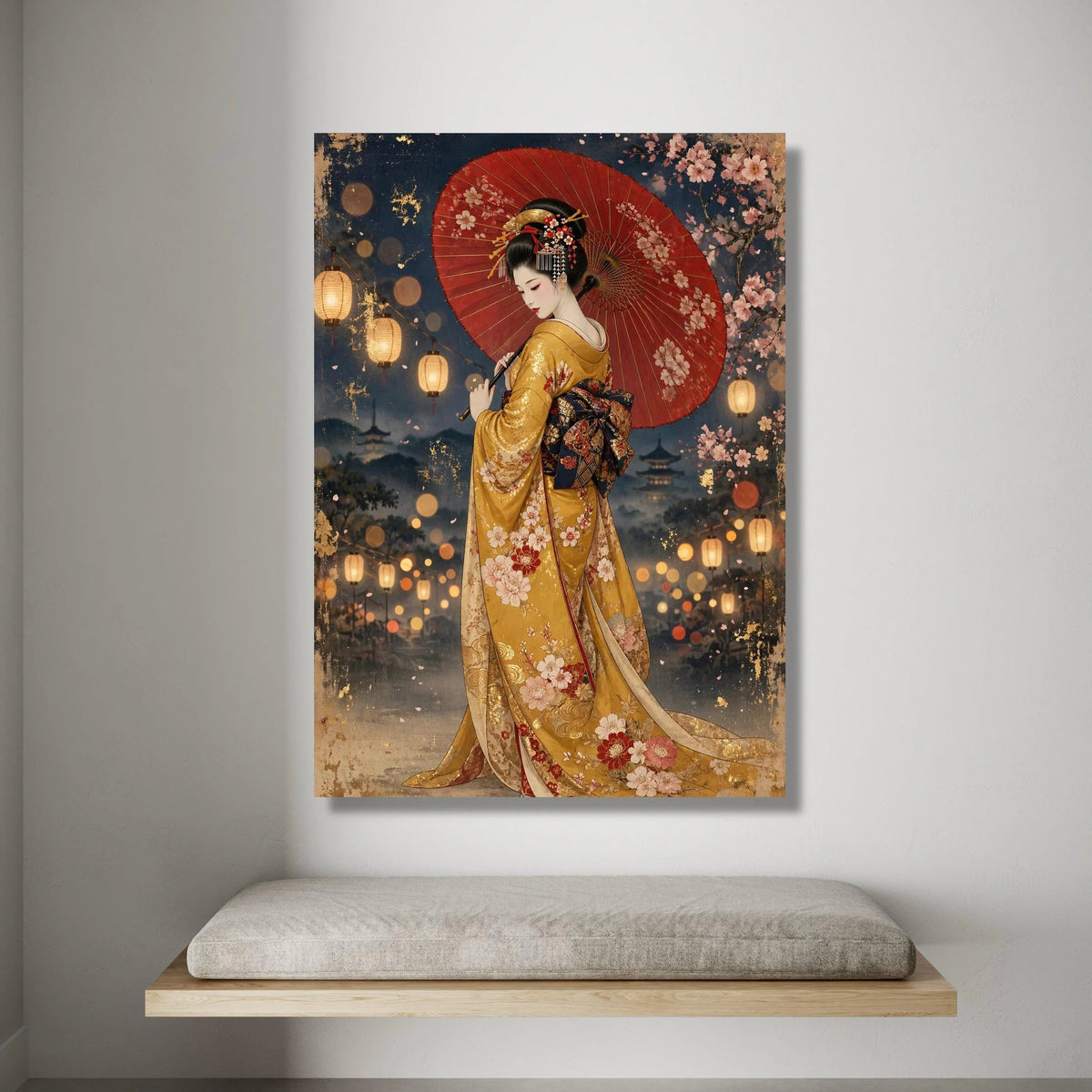 Elegant Geisha with Red Umbrella Canvas, Traditional Japanese Kimono Art, Cherry Blossom Lantern Night Scene, Asian Culture Canvas Print Art