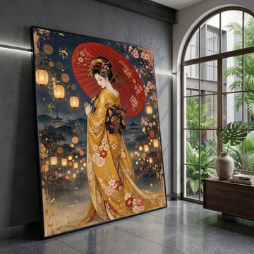 Elegant Geisha with Red Umbrella Canvas, Traditional Japanese Kimono Art, Cherry Blossom Lantern Night Scene, Asian Culture Canvas Print Art