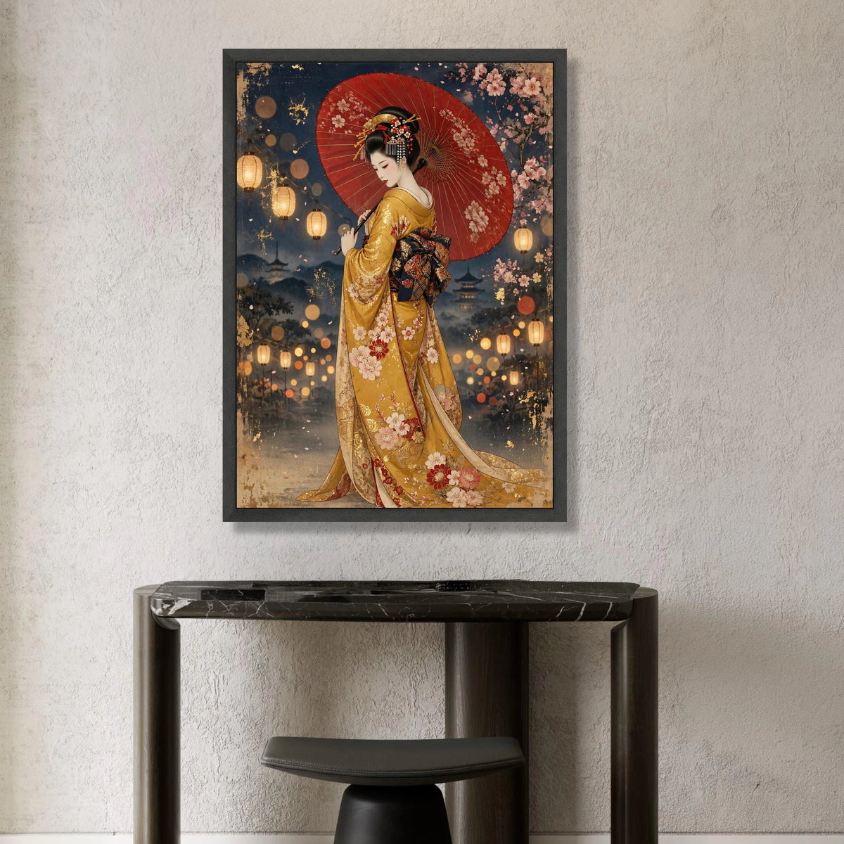 Elegant Geisha with Red Umbrella Canvas, Traditional Japanese Kimono Art, Cherry Blossom Lantern Night Scene, Asian Culture Canvas Print Art
