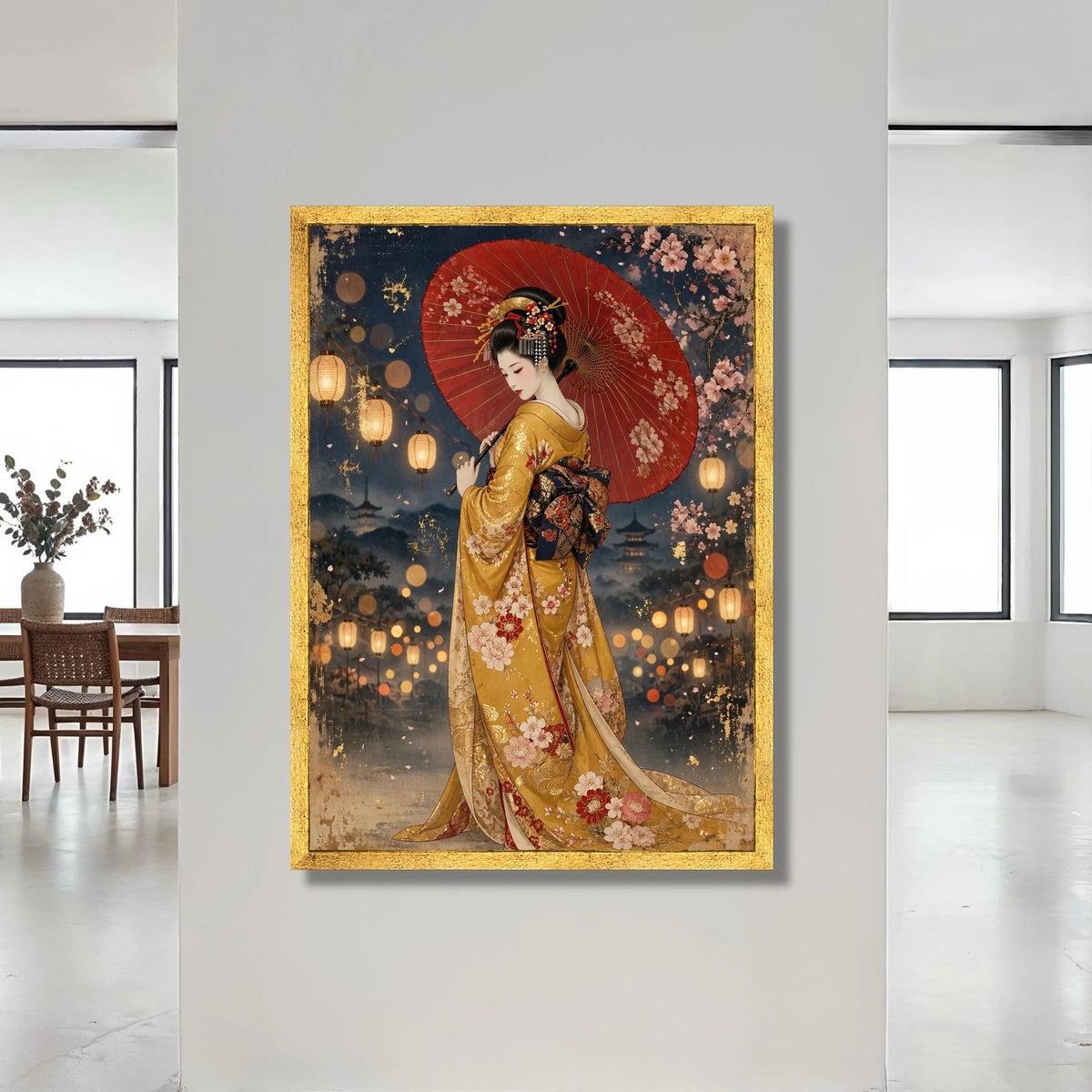 Elegant Geisha with Red Umbrella Canvas, Traditional Japanese Kimono Art, Cherry Blossom Lantern Night Scene, Asian Culture Canvas Print Art