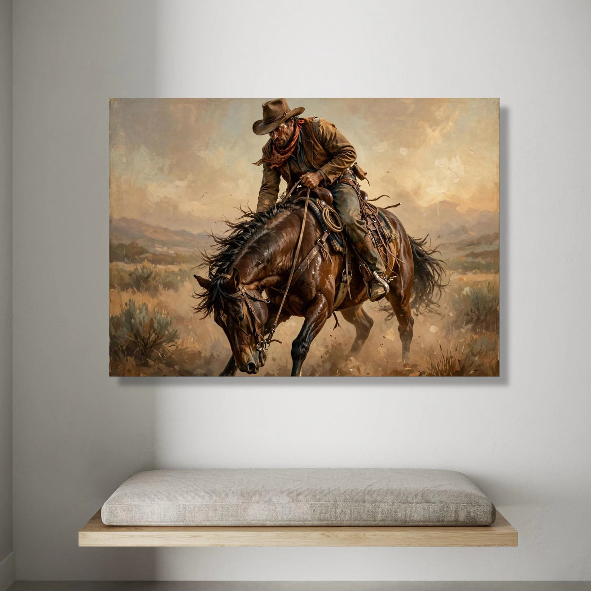 Cowboy Riding Horse Canvas Wall Art, Western Cowboy Scene, Rustic Horseback Canvas, Cowboy Home Decor, Rodeo Style Wall Art Canvas Print Art