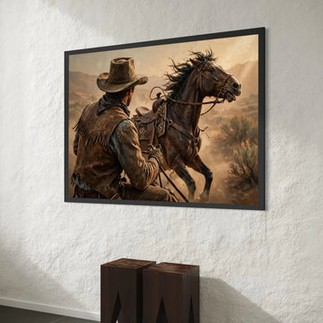 Cowboy and Mustang Canvas Wall Art, Western Horse Rider Canvas, Rustic Desert Scene, Wild West Canvas, Cowboy Home Decor, Canvas Print Art