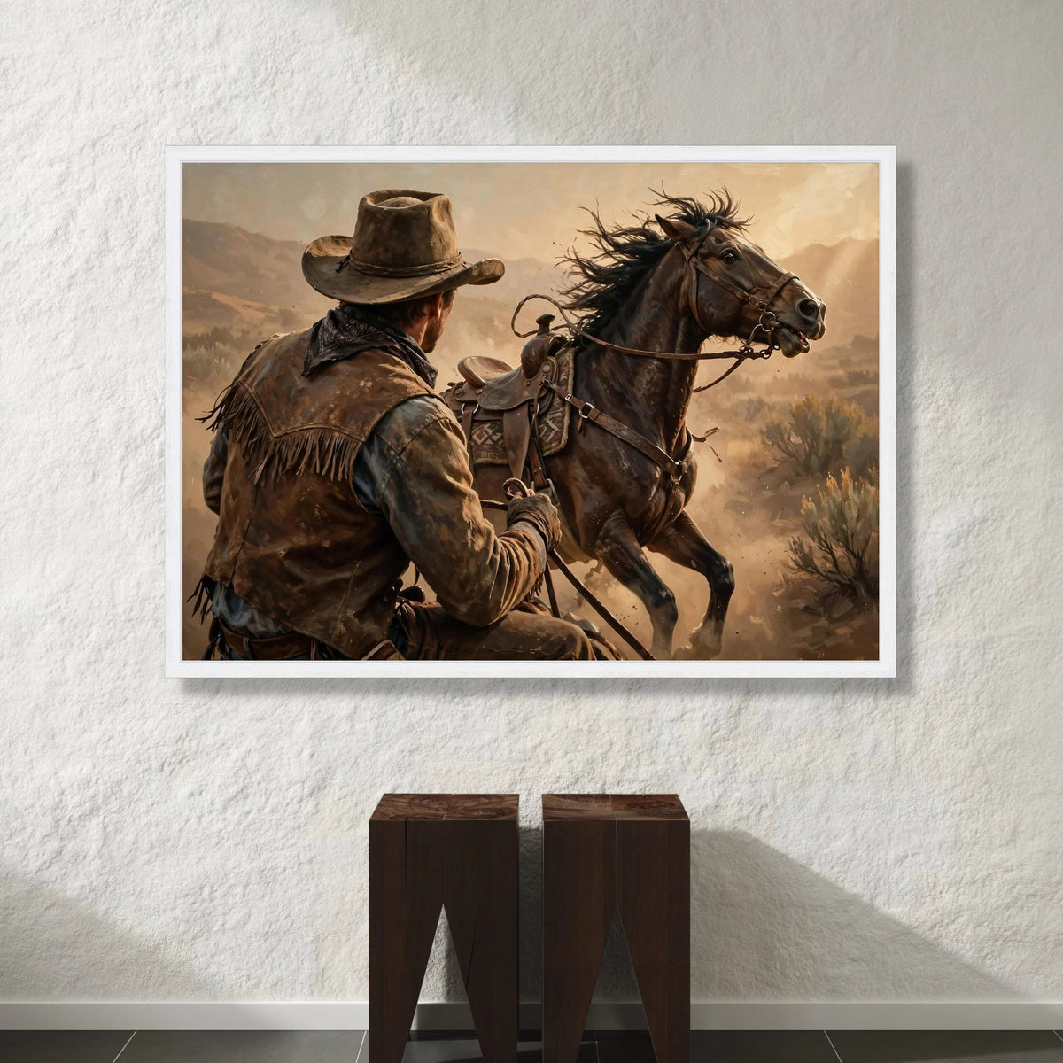 Cowboy and Mustang Canvas Wall Art, Western Horse Rider Canvas, Rustic Desert Scene, Wild West Canvas, Cowboy Home Decor, Canvas Print Art