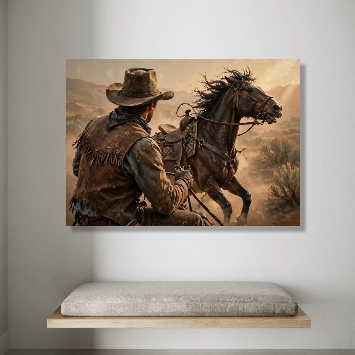 Cowboy and Mustang Canvas Wall Art, Western Horse Rider Canvas, Rustic Desert Scene, Wild West Canvas, Cowboy Home Decor, Canvas Print Art