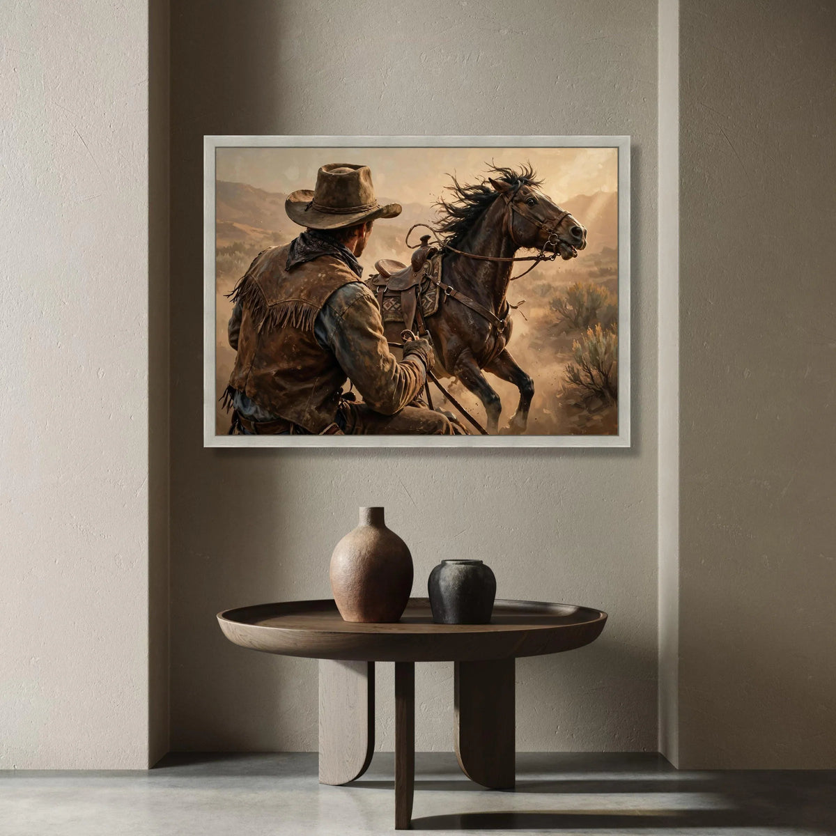 Cowboy and Mustang Canvas Wall Art, Western Horse Rider Canvas, Rustic Desert Scene, Wild West Canvas, Cowboy Home Decor, Canvas Print Art