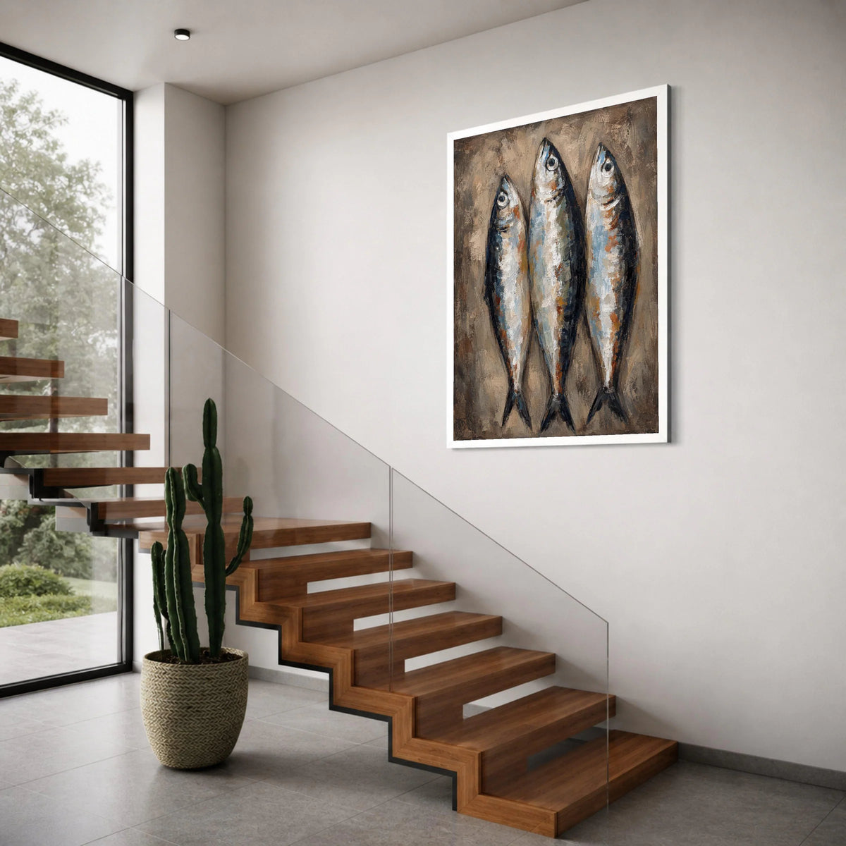 Coastal Fish Trio Canvas Wall Art, Nautical Marine Life Decor, Rustic Ocean Theme Painting, Seafood Kitchen Wall Decoration Print Art