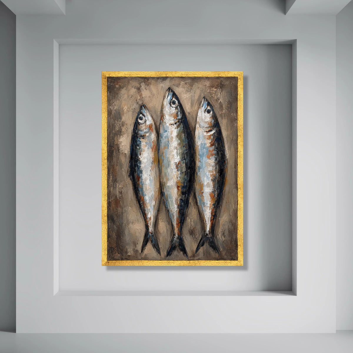 Coastal Fish Trio Canvas Wall Art, Nautical Marine Life Decor, Rustic Ocean Theme Painting, Seafood Kitchen Wall Decoration Print Art
