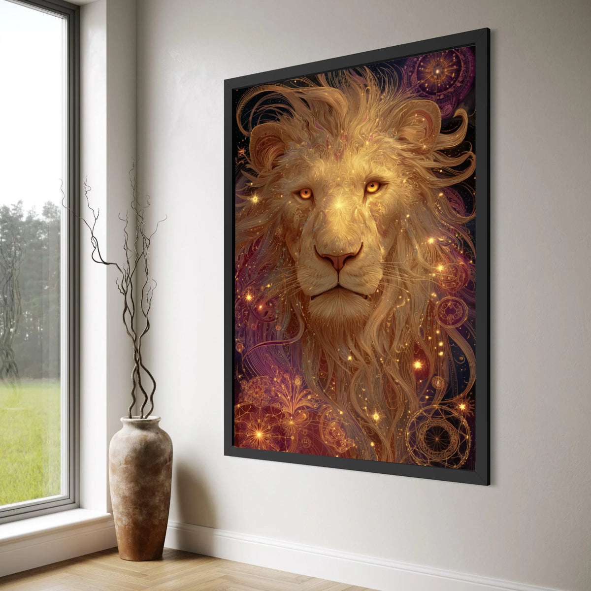 Majestic Lion Head Canvas, Golden Glow Wall Art, Mystic Animal Portrait, Celestial Nature Canvas, Spiritual Home Decoration Print Art