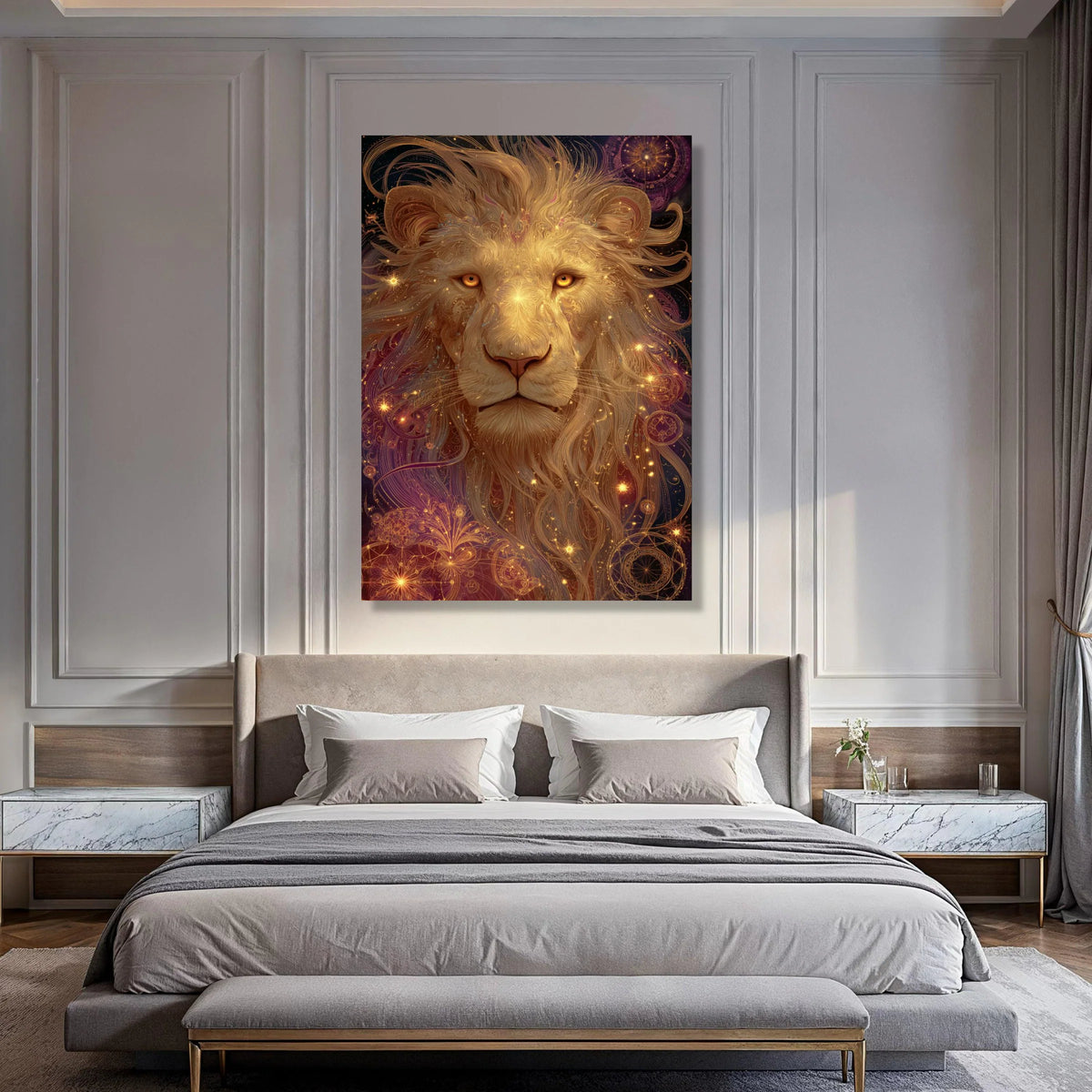 Majestic Lion Head Canvas, Golden Glow Wall Art, Mystic Animal Portrait, Celestial Nature Canvas, Spiritual Home Decoration Print Art