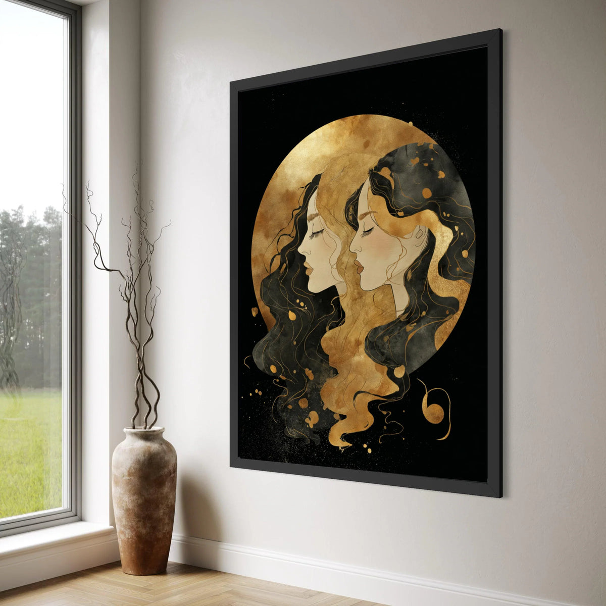 Elegant Dual Woman Portrait Canvas, Abstract Female Faces Wall Art, Gold and Black Illustration Canvas, Modern Home Decor, Ready Print Art