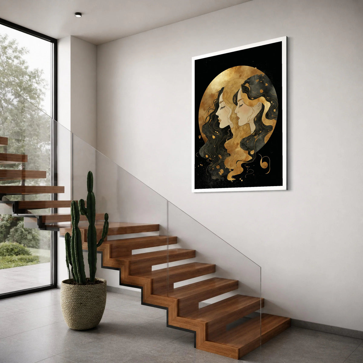 Elegant Dual Woman Portrait Canvas, Abstract Female Faces Wall Art, Gold and Black Illustration Canvas, Modern Home Decor, Ready Print Art