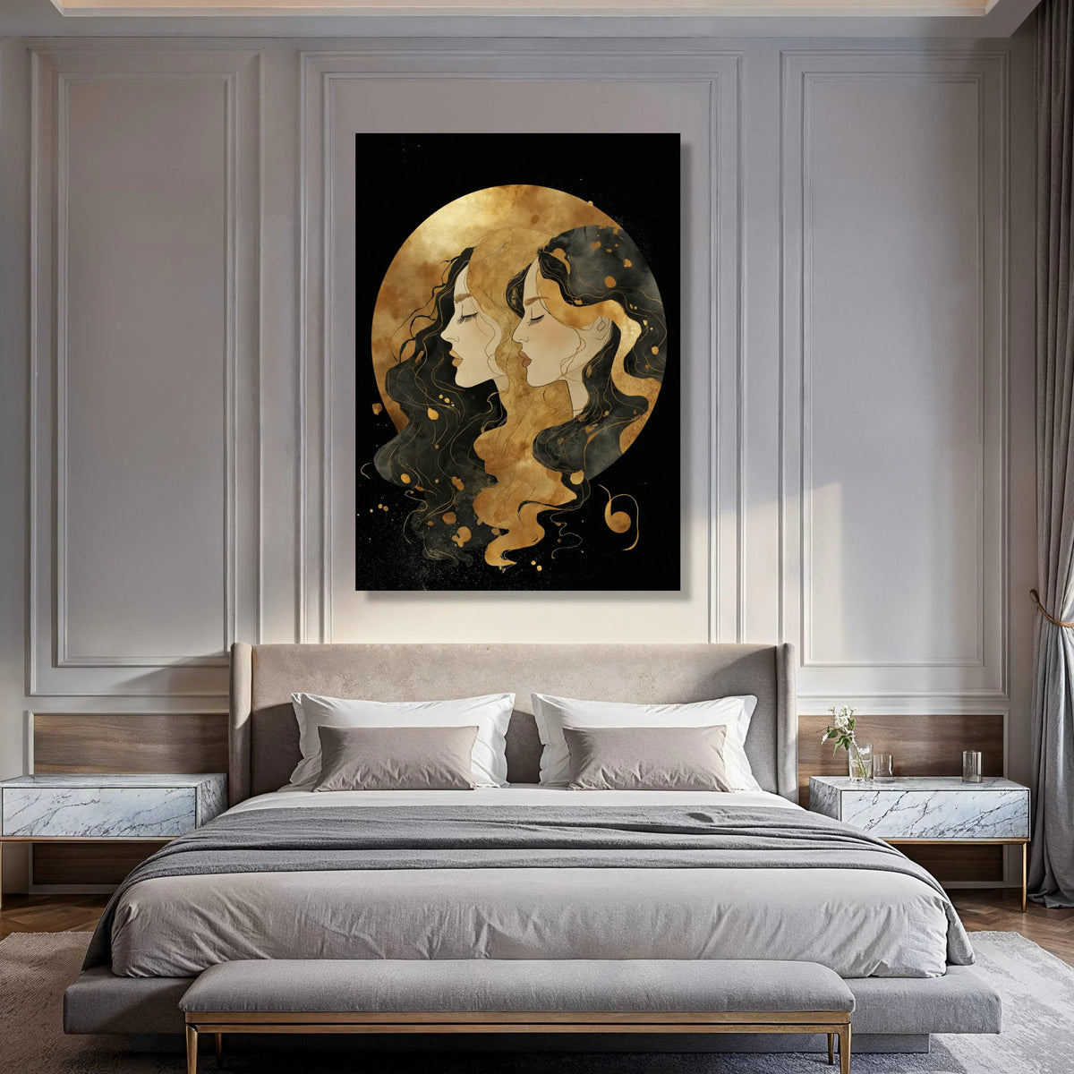 Elegant Dual Woman Portrait Canvas, Abstract Female Faces Wall Art, Gold and Black Illustration Canvas, Modern Home Decor, Ready Print Art