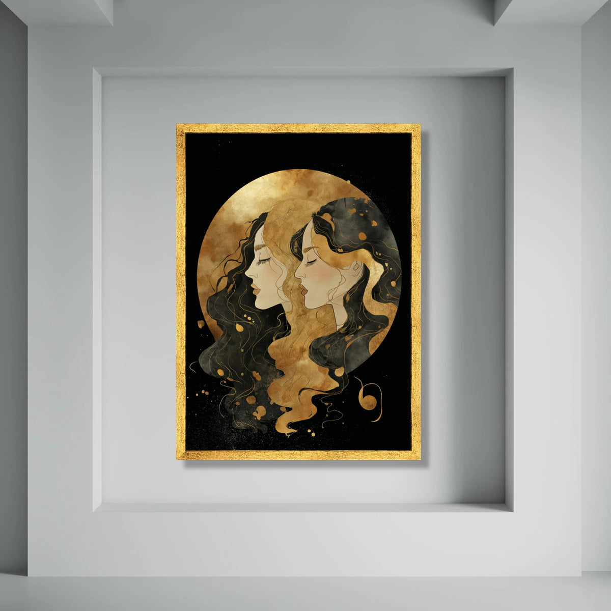 Elegant Dual Woman Portrait Canvas, Abstract Female Faces Wall Art, Gold and Black Illustration Canvas, Modern Home Decor, Ready Print Art