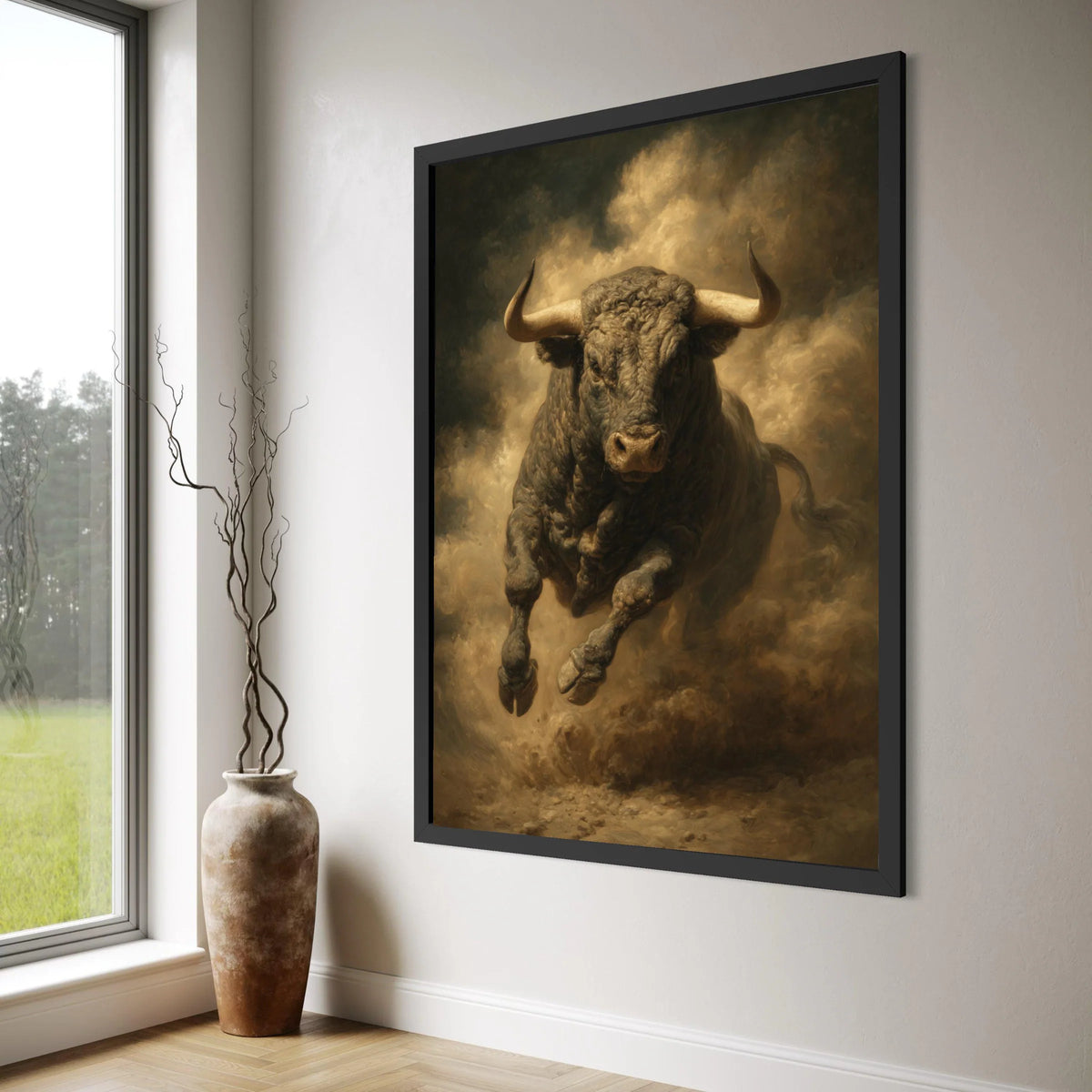 Powerful Charging Bull Canvas, Dynamic Animal Wall Art, Rustic Farmhouse Decor, Bold Wildlife Canvas, Ready to Hang Decoration Print Art